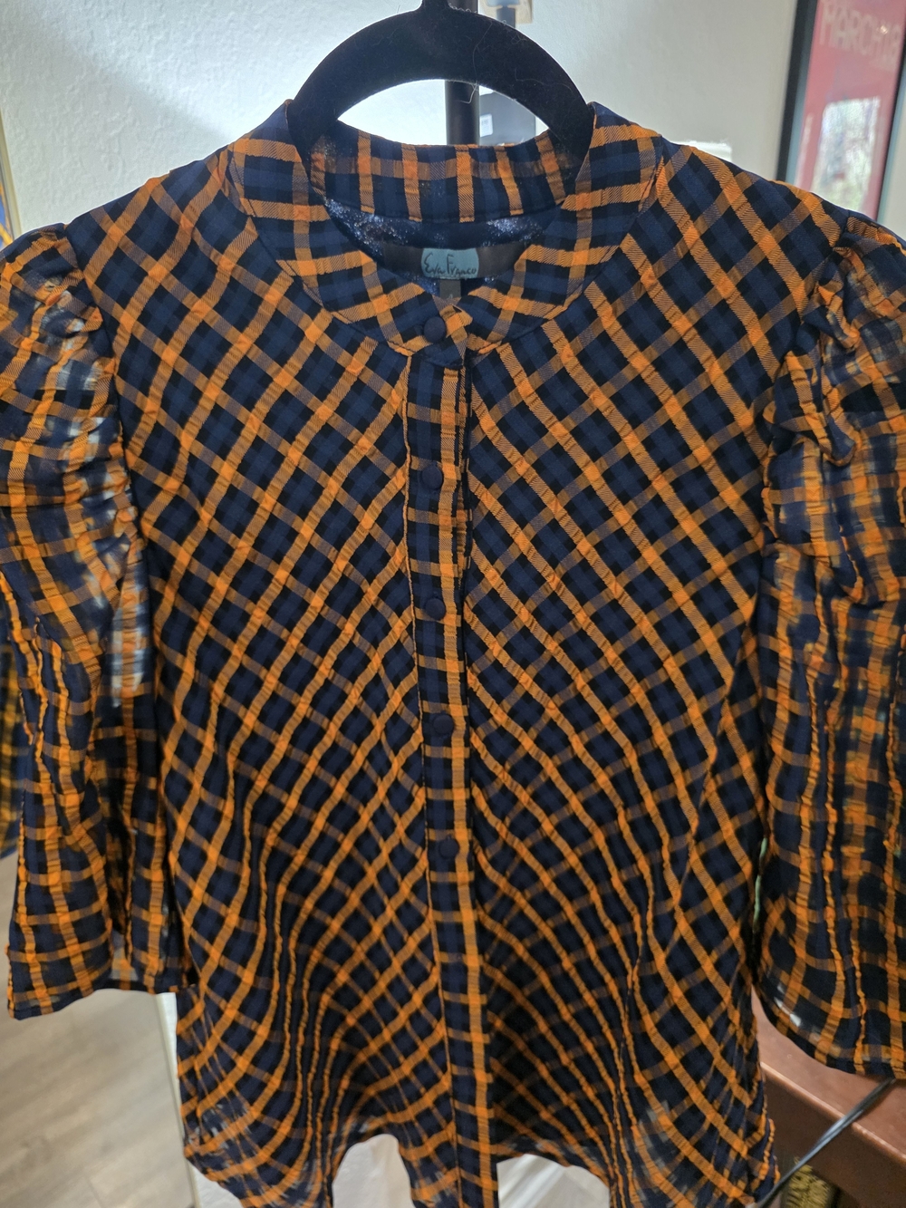 Eva Franco Navy and Orange Checked Puff-Sleeve Blouse